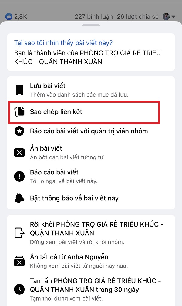 cách lấy link bài viết facebook trên điện thoại