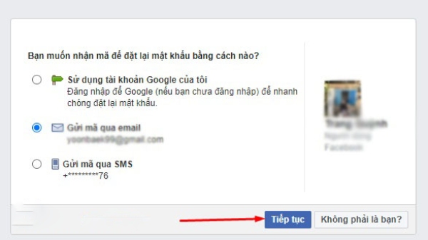 Nhấn gửi mã qua email được đùng để đặp nhập tài khoản facebook