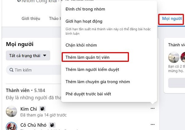 Nhấn vào thành viên bạn  muốn thêm quyền quản trị