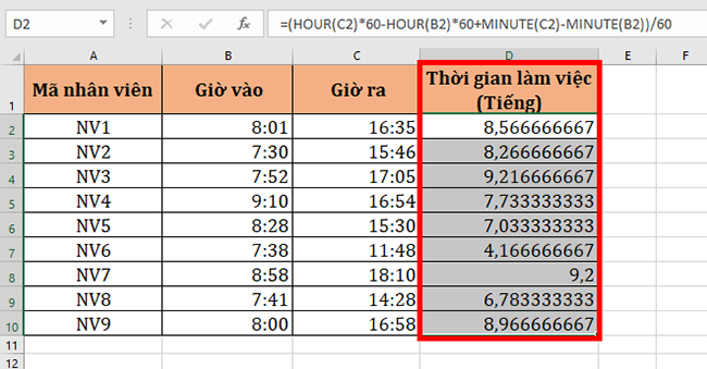 Cách tính giờ làm việc bằng cách trừ trực tiếp