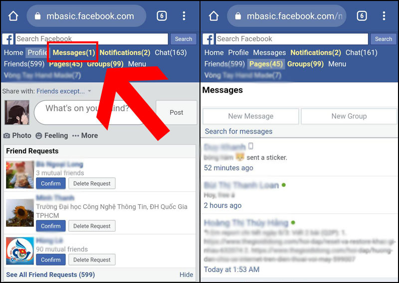 Chọn mục "Messages" (Tin nhắn) - cách nhắn tin facebook không cần messenger