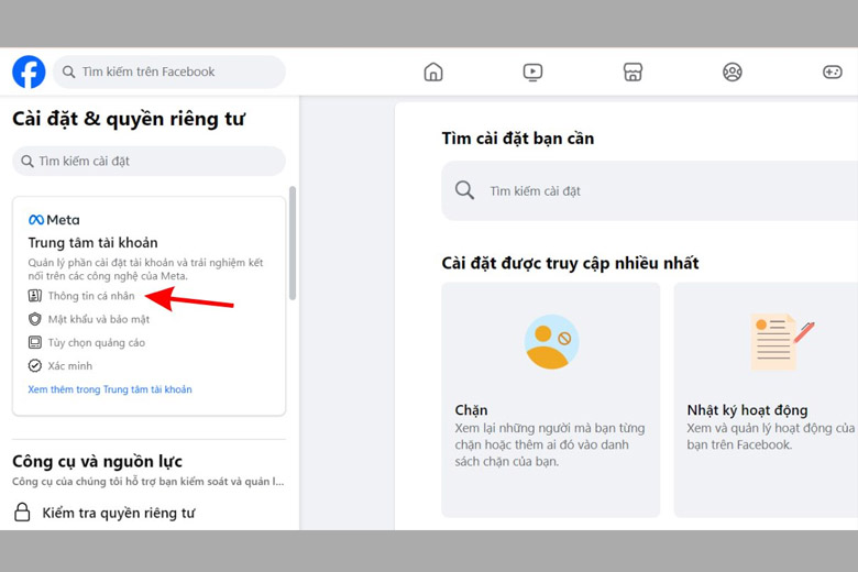 nhấn “Thông tin cá nhân” trong phần Meta trung tâm tài khoản