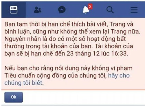 Thông báo facebook bị chặn tương tác